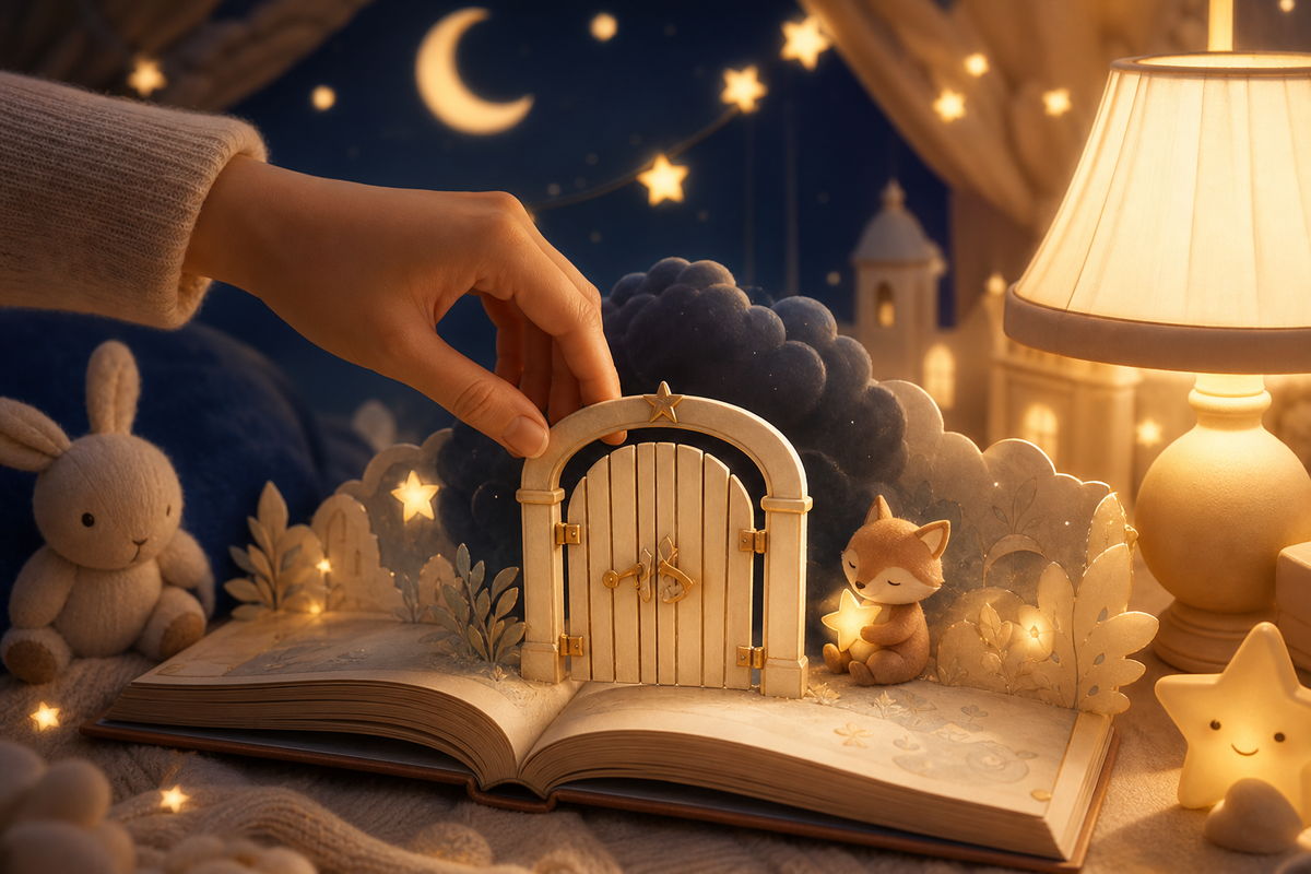 Laskavá ilustrace bezpečného večerního prostoru bez strašení